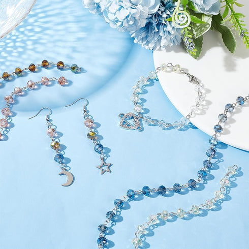 PH PandaHall 5 Strands 3.3 Feet Electroplate Glass Beads Faceted Crystal Glass Beads Chain with Platinum Eye Pin for Necklaces Bracelets Jewelry M...
