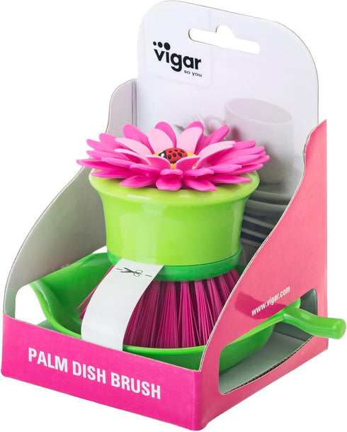 Vigar Flower Power Pink Palm Dish Brush with Holder, 5-3/4-Inches by 3-3/4-Inches, Pink, Green...