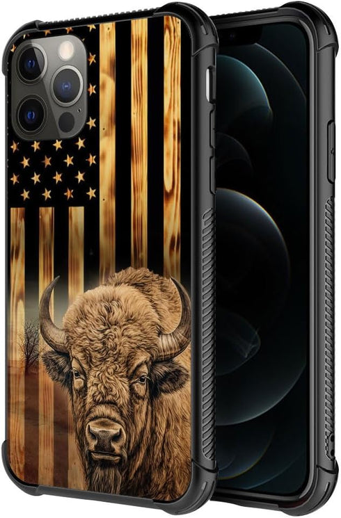 TnXee Case Compatible with iPhone 12 Case, Wood Grain American Flag Cow@Bison Pattern Design case for iPhone 12 Pro Cases for Mans Women, Shockpro...