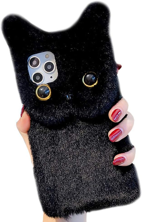 SGVAHY Furry Case for iPhone 7/8/SE2/SE3 Cute Cat Black Fur Fluffy Soft Warm Plush Fuzzy with Bling Glitter Protective Case for Women Girls...