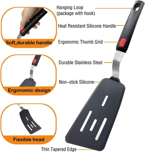 Silicone Spatula Turner Set of 2, 600°F Heat Resistant Cooking Spatulas for Nonstick Cookware, Kitchen Utensils Use Spatula Flippers Rubber Fish S...