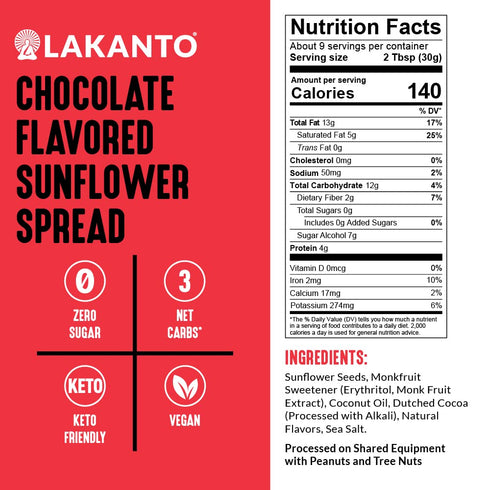 Lakanto Sugar Free Chocolate Sunflower Spread - Monk Fruit Sweetener, Keto Diet Friendly, Vegan, Dutch Cocoa, Chocolate Spread Use for Breakfast, ...