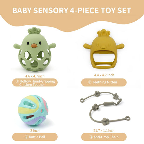 Baby Sensory 4-Piece Toy Set: Hollow Hand-Gripping Chicken Teether, Teething Mitten, Rattle Ball, and Anti-Drop Toy Strap (Green/Mango)...