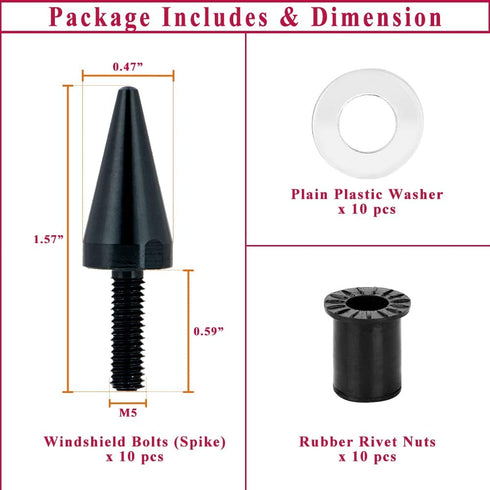AeroBon 10 Sets M5 x 15 mm Universal Fit Windshield Bolt Kit for Motorcycle Windscreen (Black)...