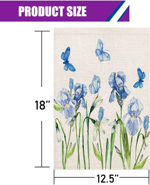 Blue Floral Garden Flag 12.5x18 Inch Vertical Double Sided Rustic Farmhouse Decor Iris Flowers with Butterfly Spring Seasonal Holiday Small Yard F...