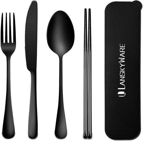 Travel Utensils, 18/8 Stainless Steel 4pcs Cutlery Set Portable Camp Reusable Flatware Silverware, Include Fork Spoon Chopsticks with Case (black)...