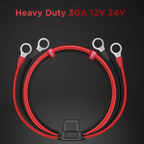 3/8" Ring Eyelet Terminal Battery Boost Cable Heavy-Duty 30A Fuse 12V/24V 12AWG Cord 3Ft...