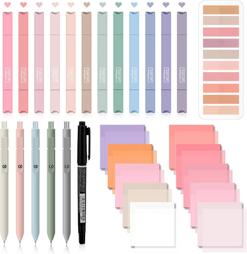 Jutom 29 Pcs Book Annotation Kit Aesthetic Highlighters Gel Pens Set Sticky Notes Tabs Markers Dual Ended Highlighter Quick Dry Ink Pens for Offic...
