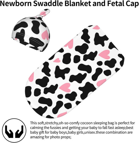 Cow Print Baby Stuff Pink Baby Newborn Swaddling Blanket with Beanie Hat Set, Baby Stuff Newborn Receiving Blanket for Baby Boy Girl Swaddles Wrap...