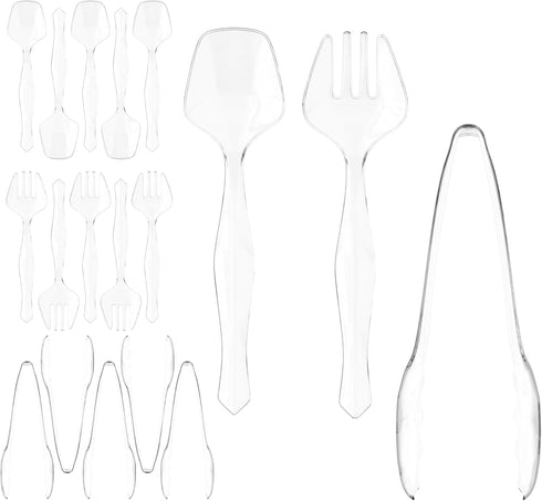 18 Pcs Clear Plastic Serving Utensils - 6 Clear Plastic Serving Spoons - 6 Clear Plastic Tongs For Serving - 6 Plastic Serving Forks - Heavy Duty ...