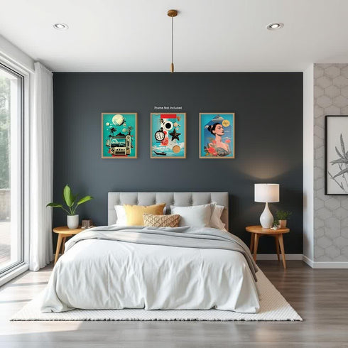 Posterizer 3 pcs-Beach Vibes Blue Themed Retro Collage-Abstract & Modern Art-Retro Art- Gift for Men Women Entrepreneur Teens-Decor for Beach Hous...