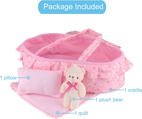 Baby Doll Cradle Bassinet Portable Doll Carrier Carry Bag,Soft Pillow Quilt Plush Bear Included,for 8-9-10-11-12 Inch and Smaller Dolls Alive Baby...