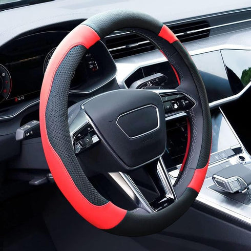 Xizopucy Black and Red Steering Wheel Cover Microfiber Leather Sporty Car Accessories for Men and Women,Breathable Non-Slip Universal Fit 14 1/2-1...