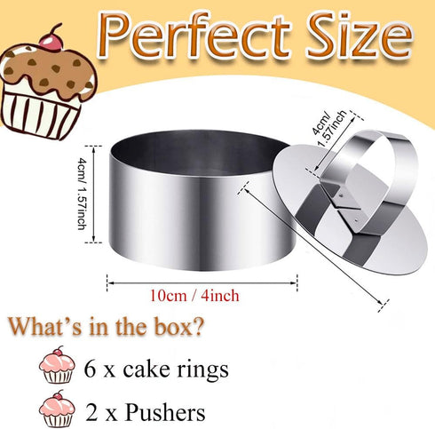 Cake Rings Mold Stainless Steel Round Ring Molds, 4 Inch Food Rings Dessert Mousse Molds Cooking Rings with Pushers for Pastry Baking (6 Rings and...