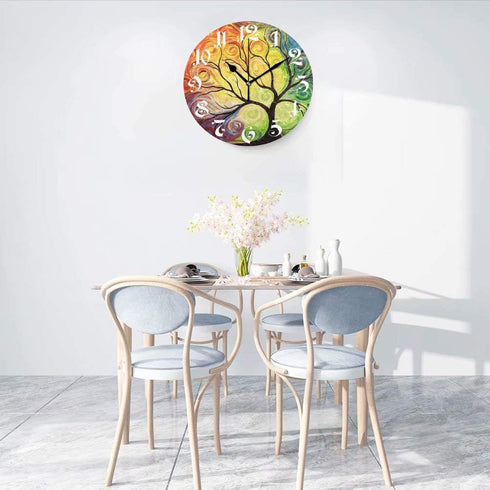 Wamika Wall Clock Tree of Life Rainbow Branch Leaves Seasonal Flowers Round Clock Silent Non Ticking Decorative, Spring Summer Autumn Floral Clock...