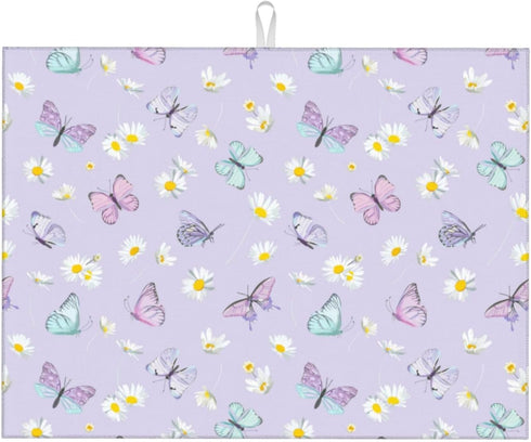 Dish Drying Mat Butterfly Daisy Flower Purple for Kitchen Counter Absorbent Dishes Drainer Microfiber Large 18x24 Inch...
