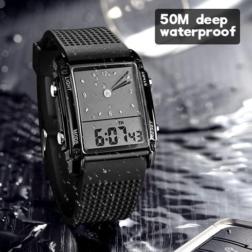 FANMIS Men's Waterproof Rectangle Dial Analog Digital Wrist Watch with Five LED Backlight Color Black...