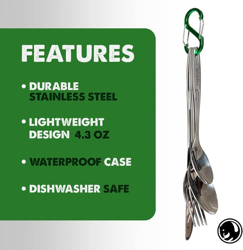 Tapirus Camp Utensils To Go | 6-piece Portable Set | Durable Stainless Steel | Light Weight Silverware With Waterproof Carrying Case | Ideal Equip...