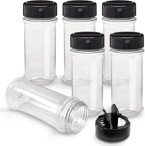 RoyalHouse 6 Pack 5.5 Oz Plastic Spice Jars with Black Cap, Clear and Safe Plastic Bottle Containers with Shaker Lids for Storing Spice, Herbs and...