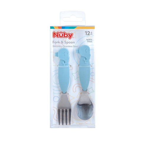 Nuby Animal Friends Silicone and Stainless Steel Fork and Spoon Set - 12+ Months - Blue Whale...