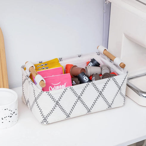 Decorative Collapsible Rectangular Fabric Storage Bin Organizer Basket with Wooden Handles for Clothes Storage,12.6x8.7x4.7 inch,White...