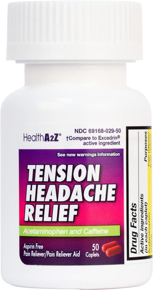 HealthA2Z® Tension Headache Relief | Acetaminophen 500mg | Caffeine 65mg | Pain Reliever Aid | Aspirin Free (50 caplets (pack of 1))...