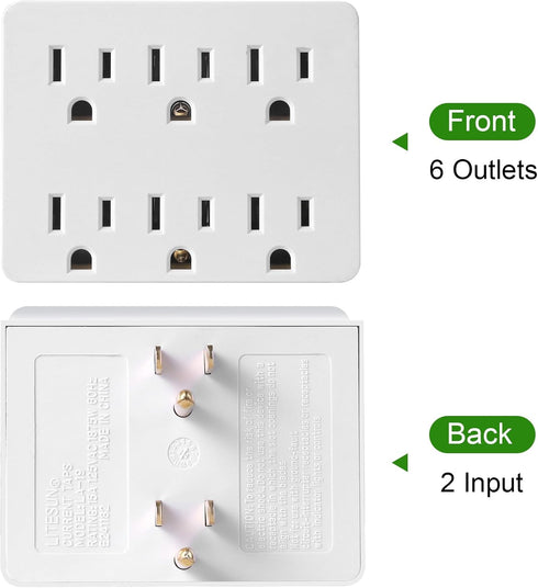 6 Outlet Wall Adapter, FiiMan UL Listed 3-Prong Grounded Outlet to The Side, Wall Plug Side Access Adapter, 6 Way Outlet Extender Tap, White (1 Pa...