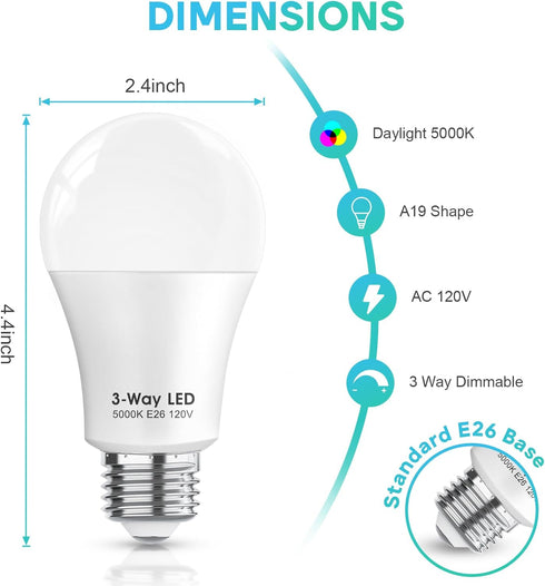 3 Way LED Light Bulbs 50 100 150W Equivalent, Daylight White 5000K 3 Way Light Bulbs, A19 Three Way Light Bulbs,E26 Base 3-Way Light Bulbs for Rea...