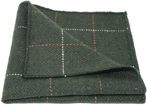 King & Priory Luxury Herringbone Forest Green Tweed Pocket Square, Handkerchief...