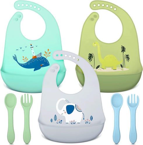 Zhanmai 3 Pack Silicone Bibs for Babies with Spoon Fork Silicone Feeding Bibs for Toddlers Boys Kids Girls (Vivid Style)...