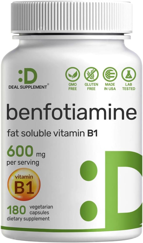Benfotiamine 600mg Per Serving, 180 Veggie Capsules (300mg Per Cap) – Fat Soluble Vitamin B1 Thiamine Supplement – 3rd Party Tested, Vegan, Non-GM...