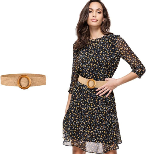VALICLUD Elastic Wide Tan Belt Women Straw Rattan Waist Band with Wood Buckle for Women Ladies Dresses Jeans Belt Vintage Accessory Waistband Wais...
