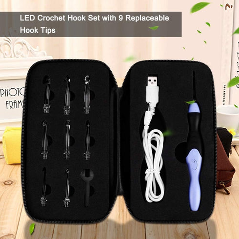 Lighted Crochet Hooks Set, Knitting Tools with 9 Replacement Heads (2.5-6.5mm) USB Charging (Handle + Black Bag)...