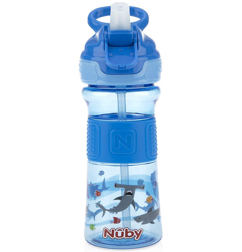 Nuby Thirsty Kids Push Button Flip-it Soft Spout on The Go Water Bottle with Easy Grip Band, Blue Sharks, 12 Oz...