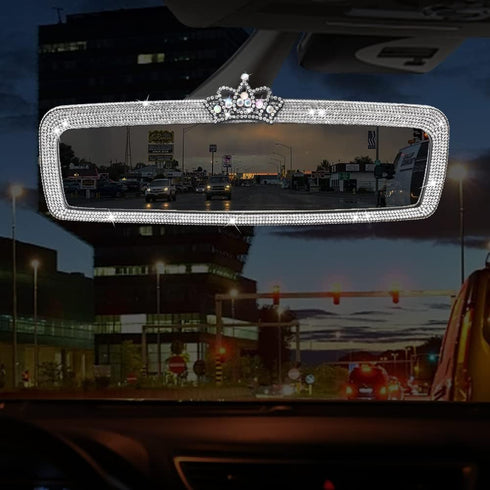 Bling Rhinestone Rear View Mirror Cover, Car Rear View Mirror with Crystal Diamonds Bling Rhinestones Car Rear View Mirror Car Interior Trim(White...