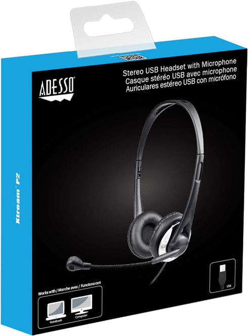 Adesso Xtream P2 USB Wired Multimedia Headset with Noise-Canceling Microphone, Binaural Over The Head, Black...