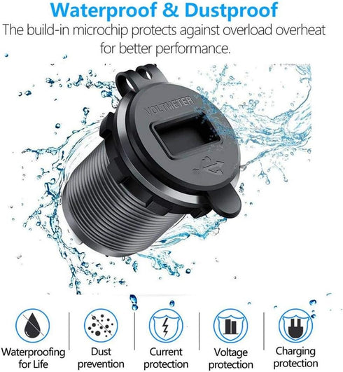 3.0 USB Quick Charger Socket, 12V/24V Dual USB Charger Socket with Switch On/Off and Waterproof LED Digital Voltemeter for Marine, Boat, Motorcycl...