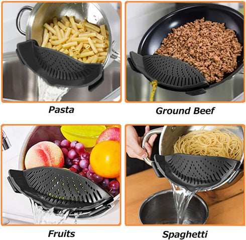 YEVIOR Clip on Strainer for Pots Pan Pasta, Silicone Food Strainer Hands-Free Pan Strainer, Clip-on Kitchen Food Strainer for Spaghetti, Pasta, Gr...