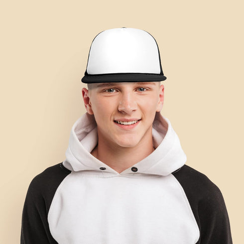 Flat Billed Trucker Hat Mesh Back S M L Adjustable Cap Solid Two Toned Snapback...