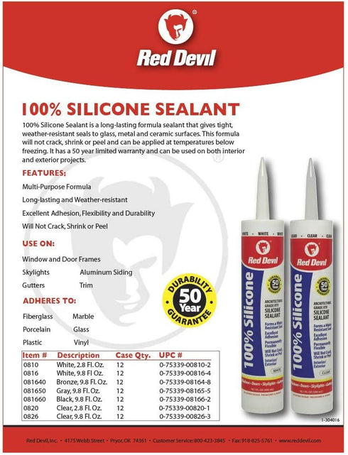 Red Devil 081650 100% Silicone Architectural Grade RTV Sealant, A Water-Resistant Adhesive for Interior and Exterior Use, 2.8 oz. Tube, Gray, 1-Pa...