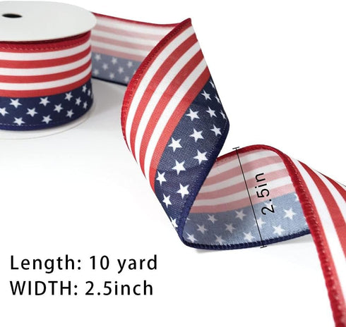Patriotic America Flag Ribbons 2.5" * 10 Yards, Patriotic Stars and Stripes 4th of July Wired Edge Burlap Ribbon, White, Red, Blue Ribbon for Labo...