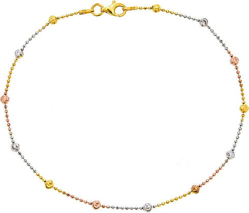 Ritastephens Sterling Silver Tri-Color Moon-Cut Round Station Bead Italian Foot Chain Anklet 10"...