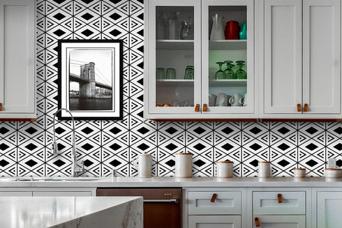 7023 Peel and Stick Wallpaper Black/White Geometric Trellis 17.7" x 9.8ft Modern Rhombus Trellis Self-Adhesive Contact Paper Shelf Liner for Home ...