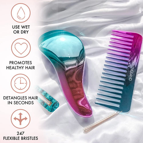 Lily England Detangler Brush & Hair Comb Set - Lightweight Hair Brush & Wide Tooth Comb for Women & Kids - Smooth Detangling Brush & Comb for Curl...