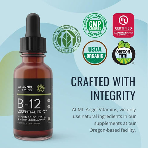 Mt. Angel Vitamins - B12 Essential Trio - Vegan Sublingual Drops with High-Potency Methyl B12, B6 & Folate - Easy Absorption Liquid - Non-GMO, Mad...