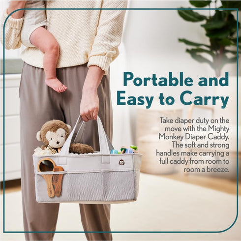 MIGHTY MONKEY Oversized Stain Resistant Baby Diaper Caddy Organizer with Handle, Adjustable Mesh Storage Bin Compartments for Diapers, Baby Wipes,...