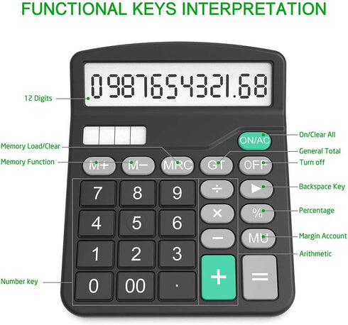 YOUHO Calculator, 12-bit Solar Battery Dual Power Standard Function Electronic Calculator with Large LCD Display Office Calculator Black(NO Batter...