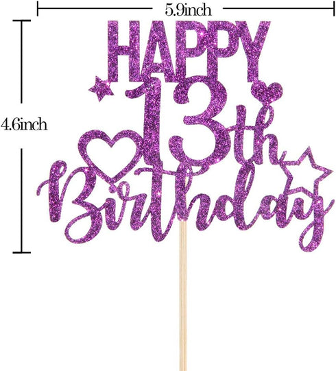 INNORU Purple Glitter Happy 13th Birthday Cake Topper for Cheers to 13 Years - Children's Birthday Party Cake Decorations...
