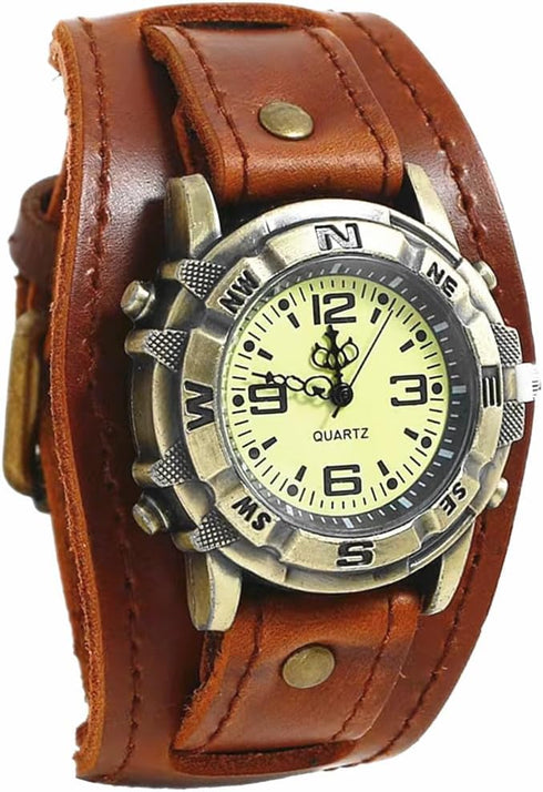 Handmade Men Watches Vintage Punk Hip-hop Gothic Soft Wide Leather Fashion Cuff Women Wristwatch Round Bronze Dial Quartz...