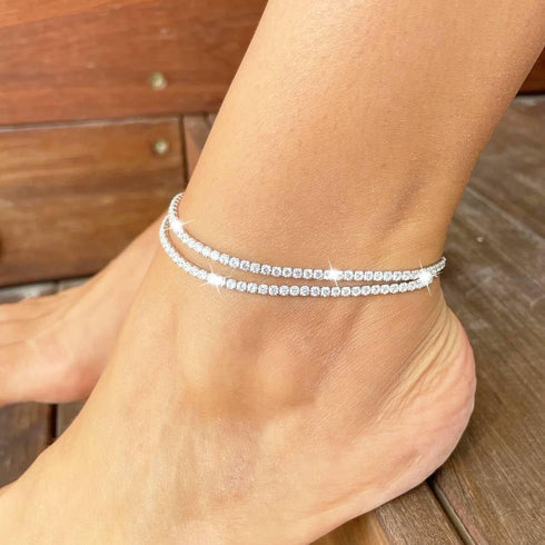 Sterling Silver Ankle Bracelets for Women, Double Layered Silver Glitter Anklets Fashion Daily Anklet Summer Beach Foot Chain Jewelry Gifts for Wo...